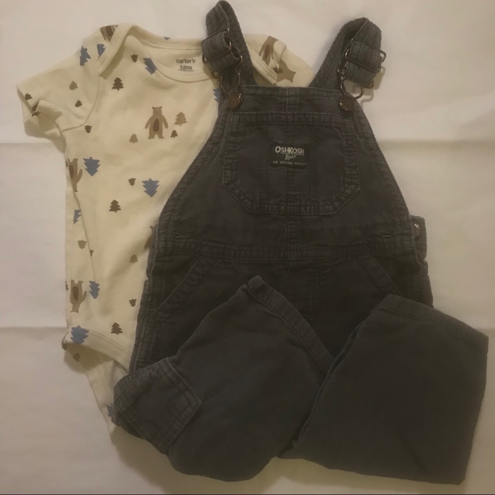 Oshkosh grey corduroy overalls & carters onesie
